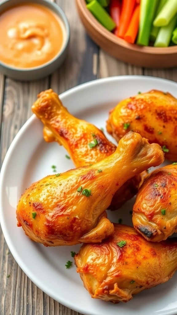Crispy oven-baked chicken drumsticks on a plate, garnished with herbs, served with dipping sauce.
